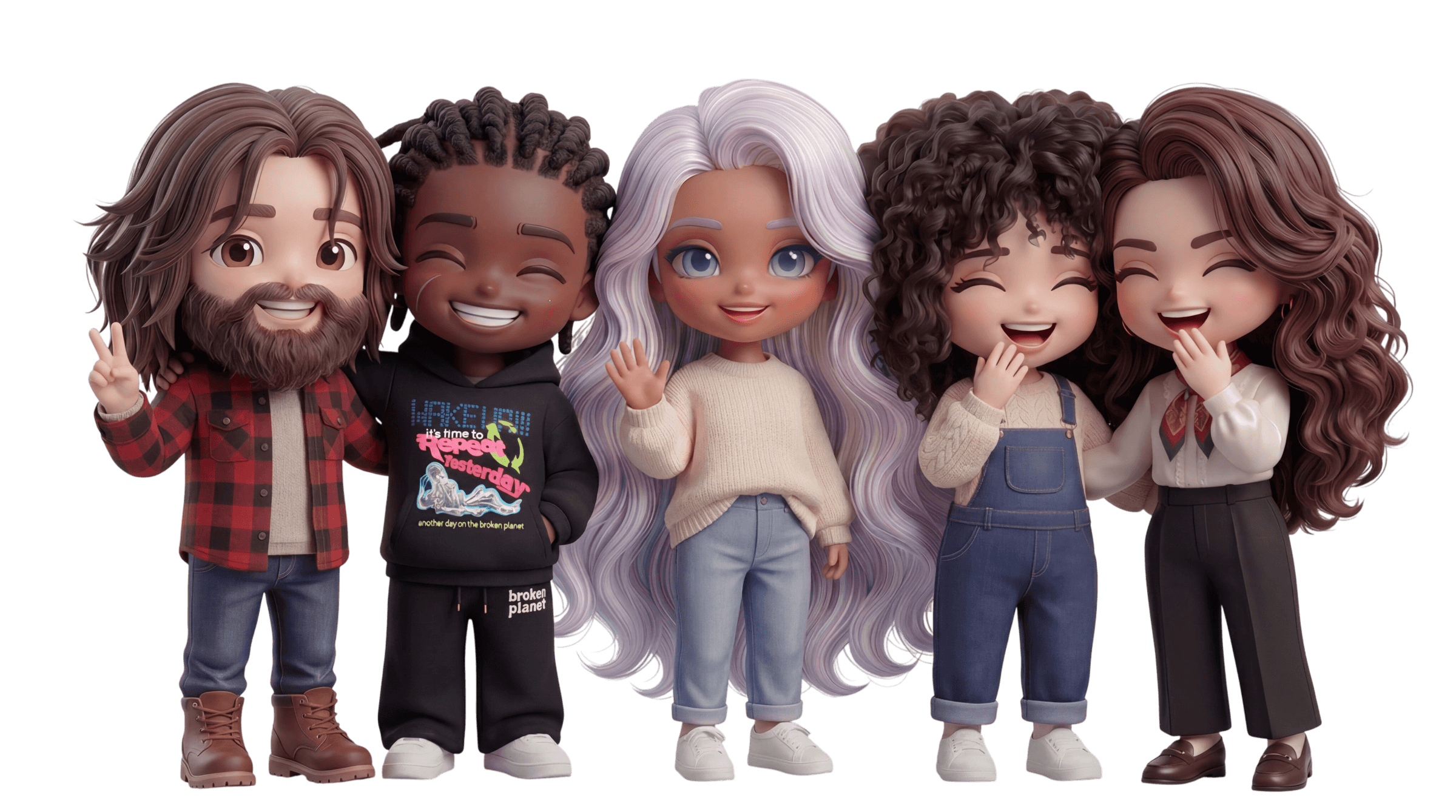 Five noProbs chibi avatars lined up